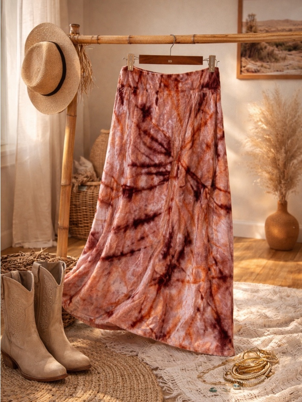 Free People Velvet Tie Dye Skirt XS Boho A Line Festival